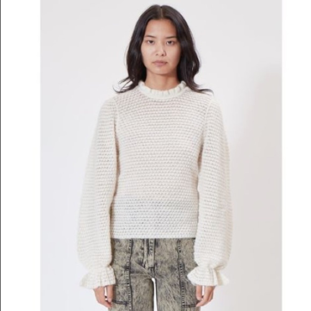 NWT Ulla Johnson Cream Laila Ruffled Alpaca-blend Lightweight Knit Sweater sz L